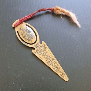 Vintage Religious Brass Bookmark with Red Tassel Embossed Etched